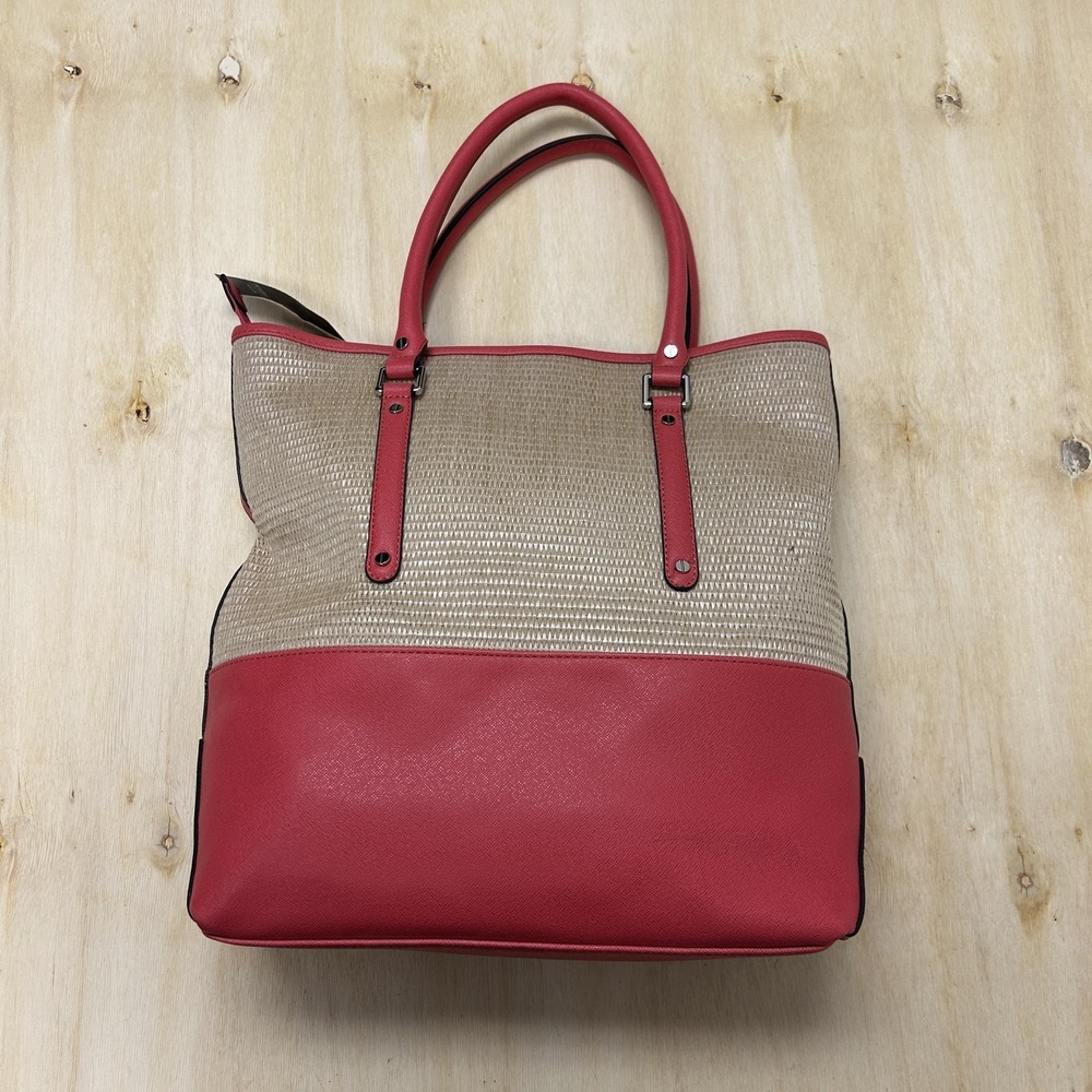 Mondani Tote Bag Womens Large Red Faux Leather Straw Zip Leopard Lined Shoulder